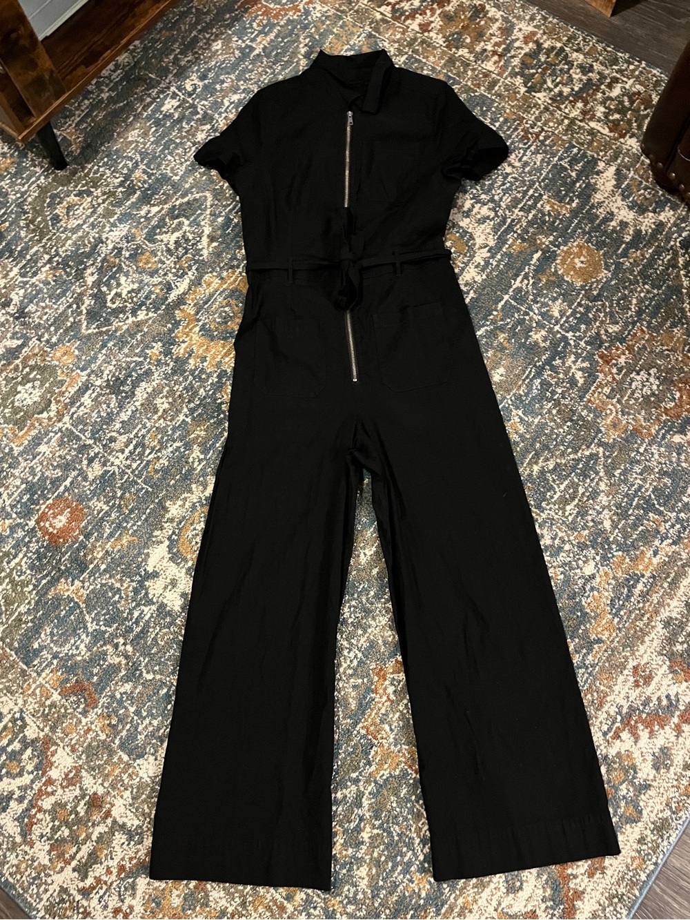 Anthropologie Black Short Sleeve Zip-Front Wide-Leg Jumpsuit